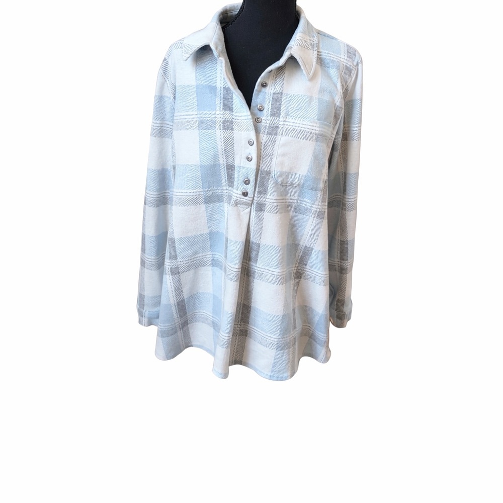 Soft Surroundings Blue White Plaid Button Front Tunic Top
